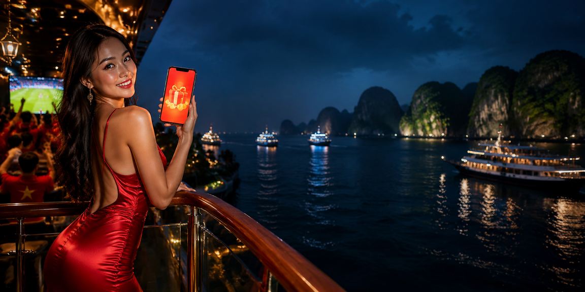 Cảnh Vịnh Hạ Long lúc hoàng hôn với bao lì xì đỏ – hình ảnh gợi lên trải nghiệm cá cược trực tuyến dịp lễ tại Việt Nam